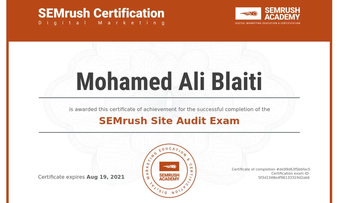 Certificat Semrush Audit SEO- Mohamed Ali Blaiti